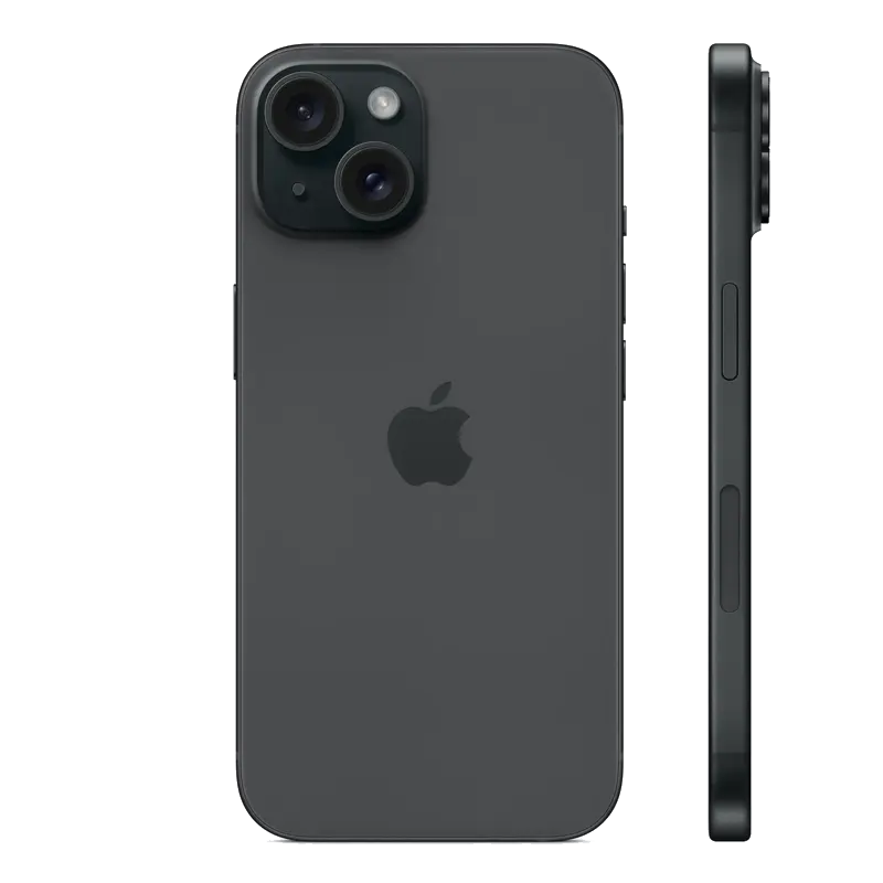 iPhone 15 أسود مع شاشة متطورة وكاميرا مزدوجة